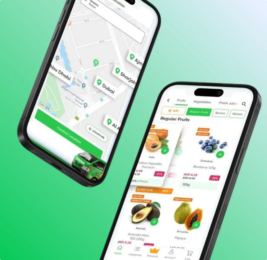 Barakat grocery delivery app showing the map and a fruit category screen