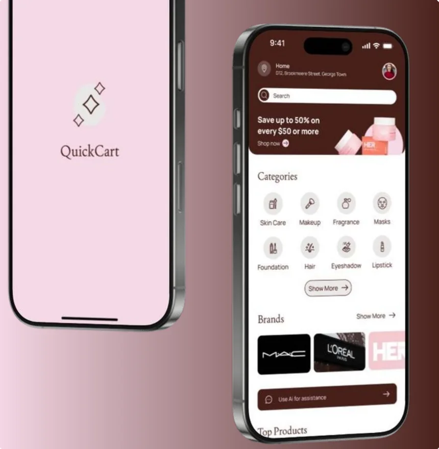QuickCart beauty shopping app showing categories and brands
