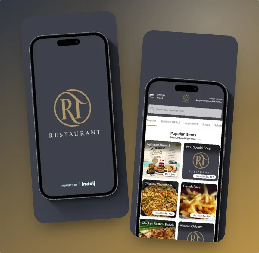 Royal Taj Restaurant ordering app showing a splash screen and a popular items menu